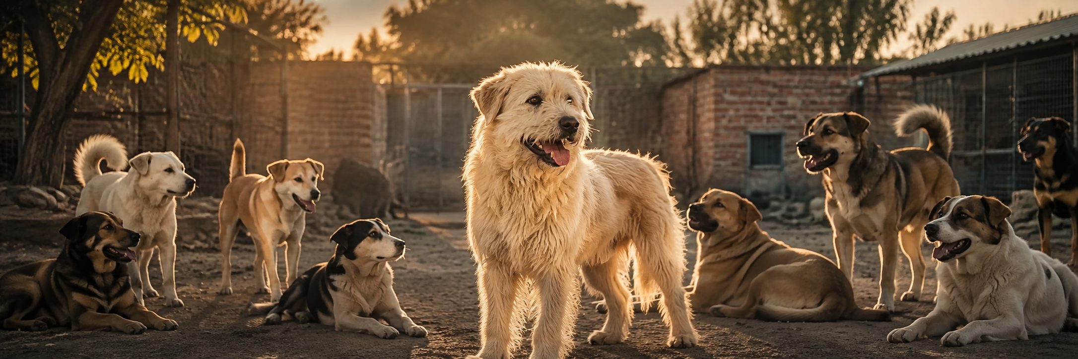 King Charles standing at the centre of a calm pack of dogs in a rural Hebei courtyard at golden hour